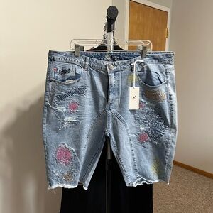 Staple Blue Denim Shorts with Embroidered Details 42